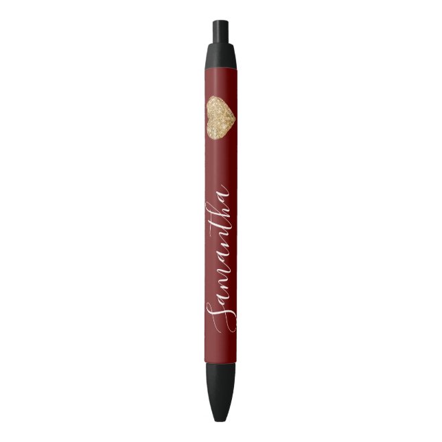 Red Gold Glitter Heart Personalized Name Pen (Front Vertical)