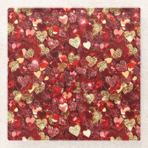 Red Gold Glitter Hearts Glass Coaster