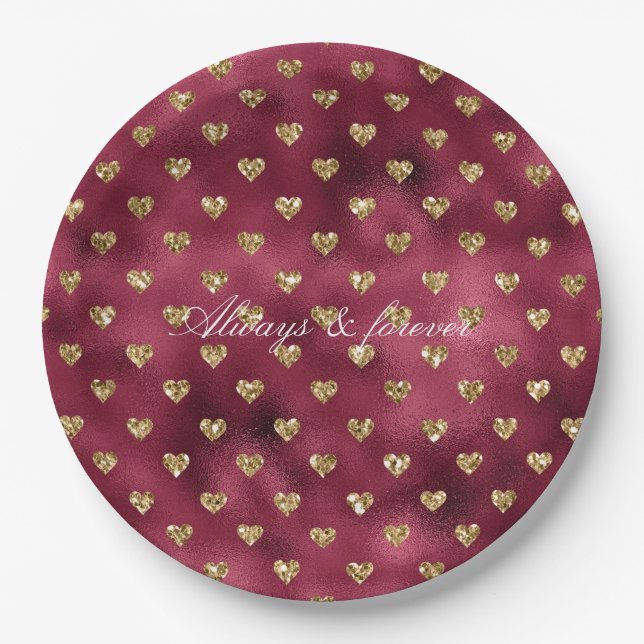 Red Gold Glitter Hearts Paper Plates (Front)