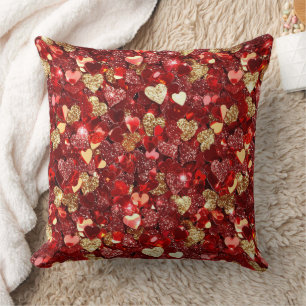 Red Gold Glitter Hearts Throw Pillow