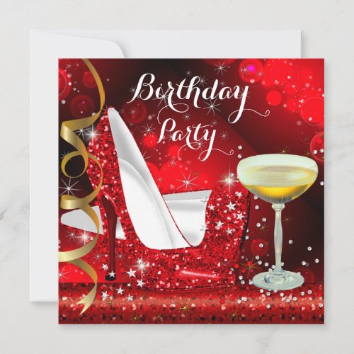 Red Gold Glitter High Heels Champagne Birthday Invitation