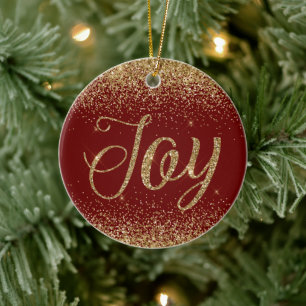 Red Gold Glitter Joy Ceramic Ornament