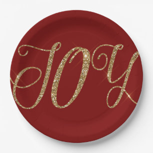 Red Gold Glitter Joy Christmas Paper Plates