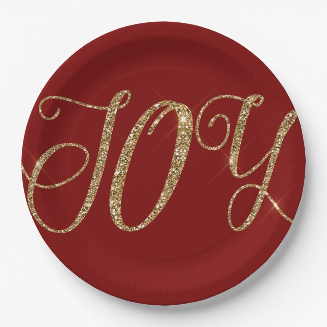 Red Gold Glitter Joy Christmas Paper Plates (Front)