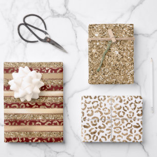 Red Gold Glitter Leopard Print Stripes Wrapping Paper Sheets