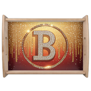 Red Gold Glitter Letter B Monogram Personal Initia Serving Tray