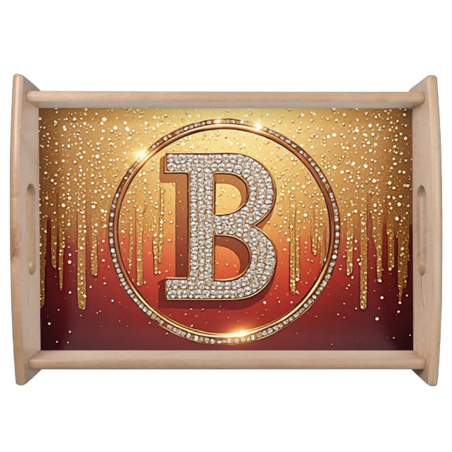 Red Gold Glitter Letter B Monogram Personal Initia Serving Tray (Front)
