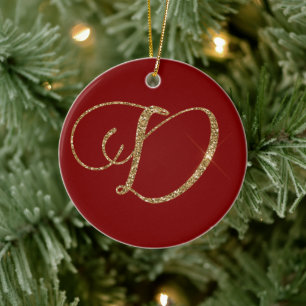 Red Gold Glitter Letter D Ceramic Ornament