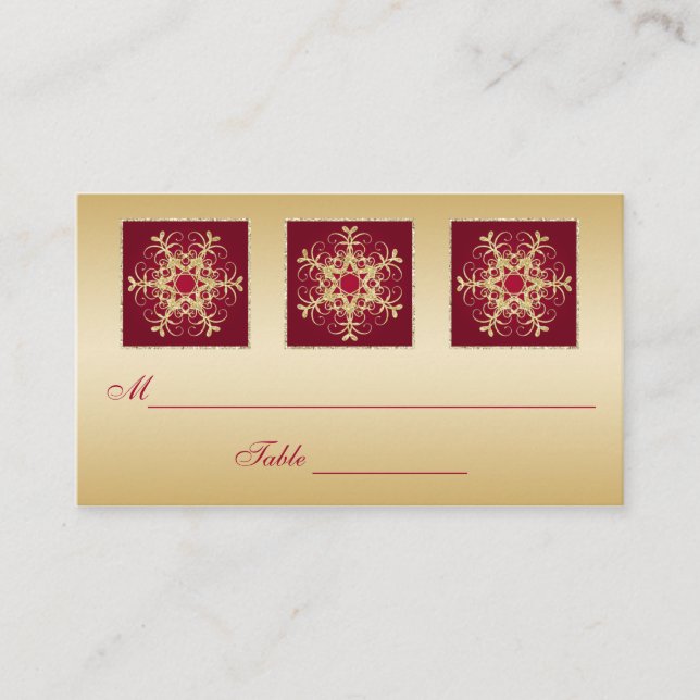 Red, Gold Glitter LOOK Snowflakes Placecards (Front)