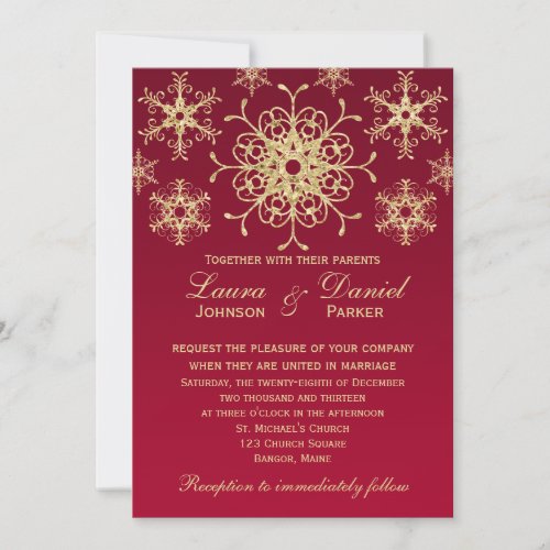 Red Gold Glitter LOOK Snowflakes Wedding Invite