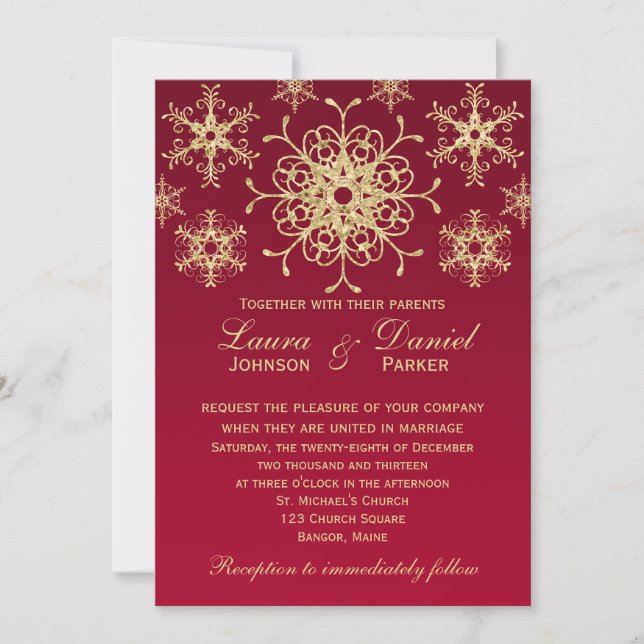 Red, Gold Glitter LOOK Snowflakes Wedding Invite (Front)