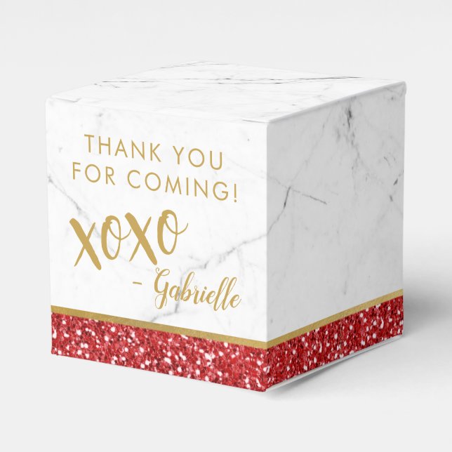 Red Gold Glitter Marble xoxo Birthday Favor Boxes (Front Side)
