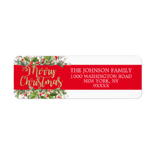 RED Gold Glitter Merry Christmas Holly Label