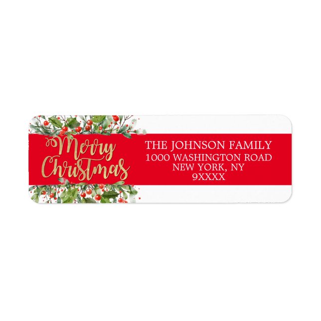 RED Gold Glitter Merry Christmas Holly Label (Front)