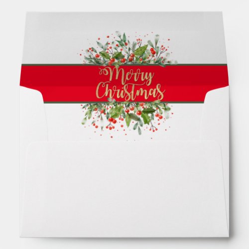 RED Gold Glitter Merry Christmas Holly Label Envelope