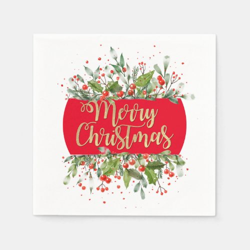 RED Gold Glitter Merry Christmas Holly Paper Plate Napkins