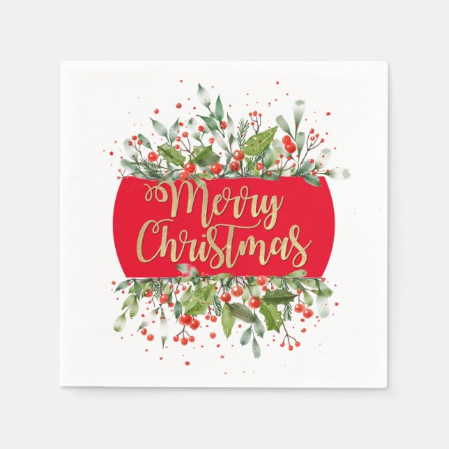RED Gold Glitter Merry Christmas Holly Paper Plate Napkins (Front)
