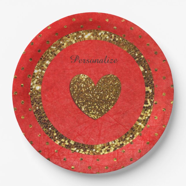 Red & Gold Glitter Personalized Paper Plates (Front)