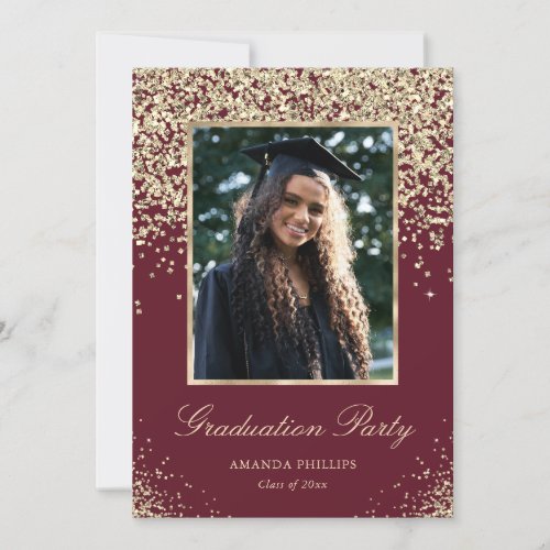 Red Gold Glitter Photo Graduation Party Invitation