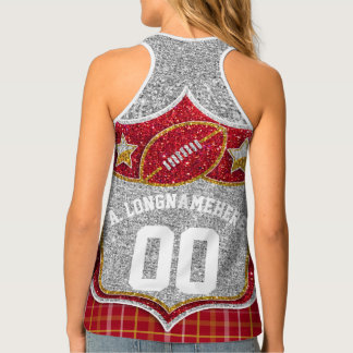 Red Gold Glitter Plaid School Football Jersey Tank Top