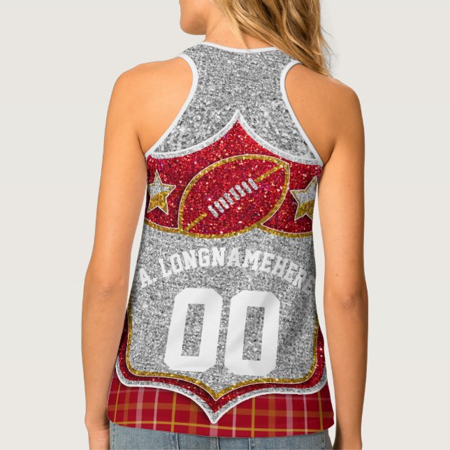 Red Gold Glitter Plaid School Football Jersey Tank Top (Back)