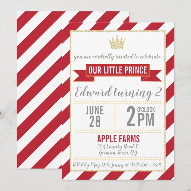 Red Gold Glitter Prince Birthday Invitation (Front/Back)
