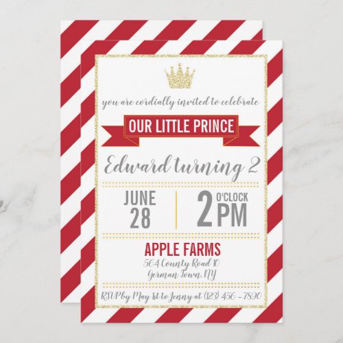 Red Gold Glitter Prince Birthday Invitation