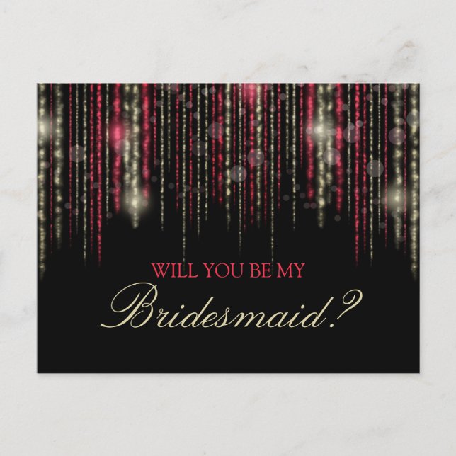 Red Gold Glitter Rain Will You Be My Bridesmaid Invitation Postcard (Front)