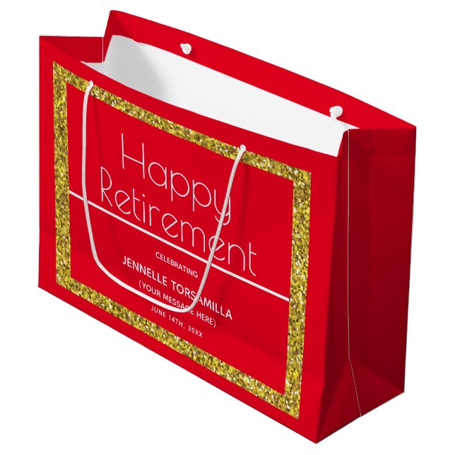 Red Gold Glitter Retirement Party Large Gift Bag (Front Angled)