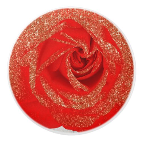 Red Gold Glitter Rose White Wood Shabby Chic Ceramic Knob