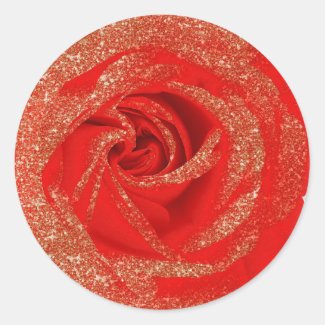 Red Gold Glitter Rose White Wood Shabby Chic Classic Round Sticker
