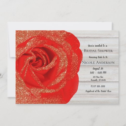 Red Gold Glitter Rose White Wood Shabby Chic Invitation