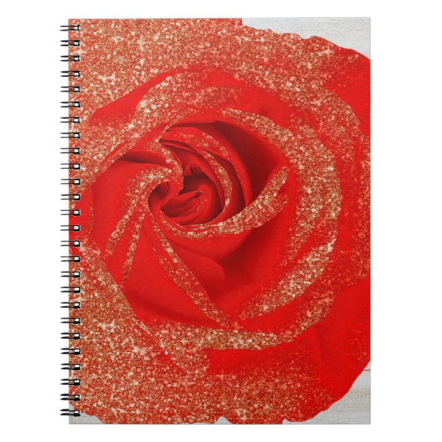 Red Gold Glitter Rose White Wood Shabby Chic Notebook (Front)