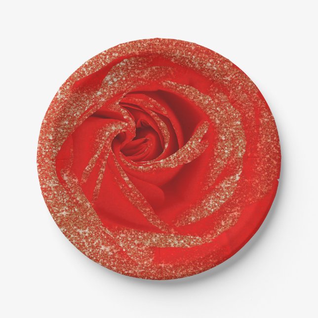 Red Gold Glitter Rose White Wood Shabby Chic Paper Plates (Front)