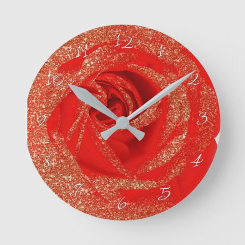 Red Gold Glitter Rose White Wood Shabby Chic Round Clock