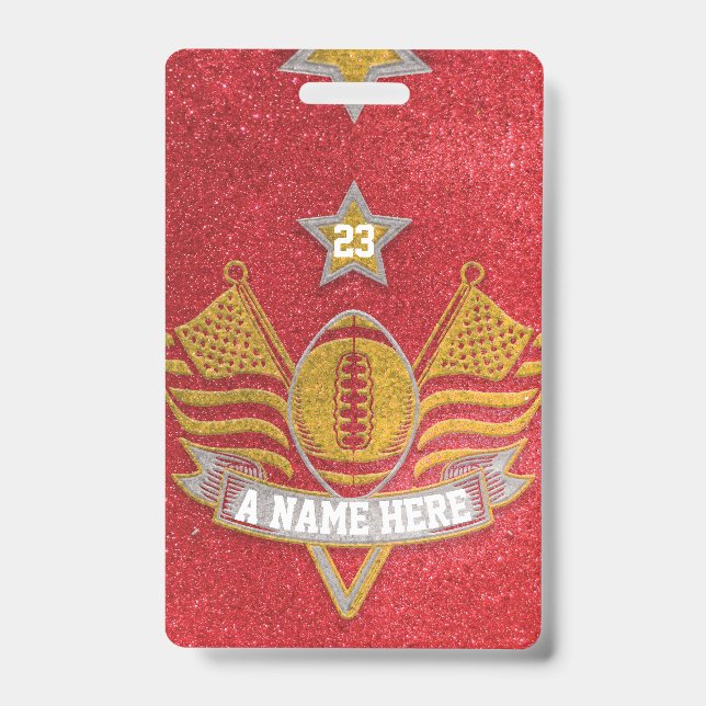 Red & Gold Glitter School Football Team Sports Badge (Front)