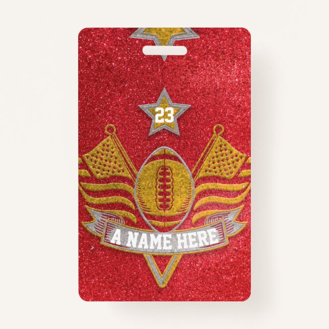 Red & Gold Glitter School Football Team Sports Badge (Front)