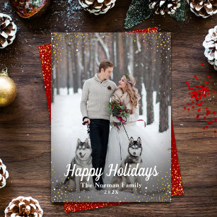 Red Gold Glitter Snow Happy Holidays Photo Holiday Card