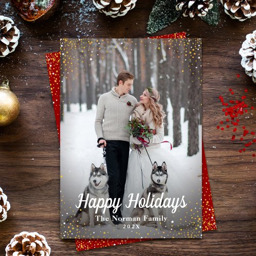 Red Gold Glitter Snow Happy Holidays Photo Holiday Card