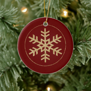 Red Gold Glitter Snowflake Ceramic Ornament