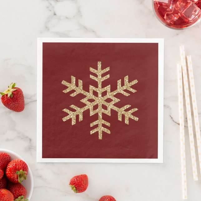 Red Gold Glitter Snowflake Paper Dinner Napkins (Insitu)