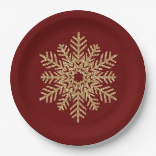 Red Gold Glitter Snowflake Paper Plates