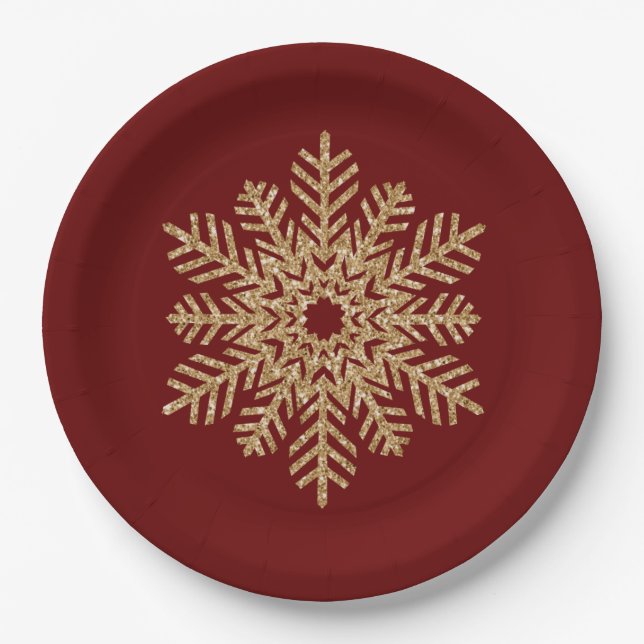 Red Gold Glitter Snowflake Paper Plates (Front)