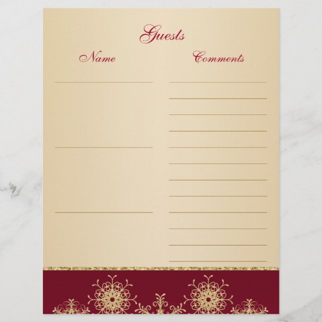 Red, Gold Glitter Snowflakes Guest Book Paper (Front)