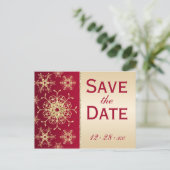Red Gold Glitter Snowflakes Save the Date Postcard (Standing Front)