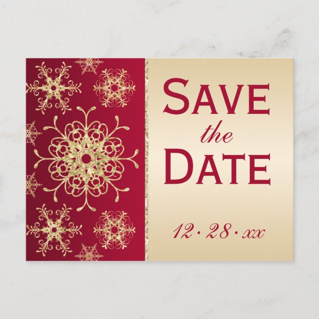 Red Gold Glitter Snowflakes Save the Date Postcard (Front)
