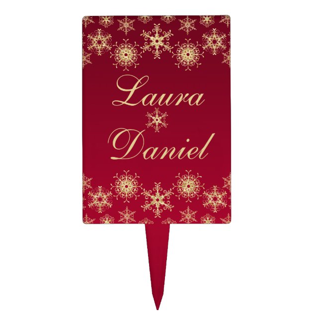 Red, Gold Glitter Snowflakes Wedding Cake Pick (Front)