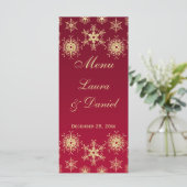 Red, Gold Glitter Snowflakes Wedding Menu Card (Standing Front)