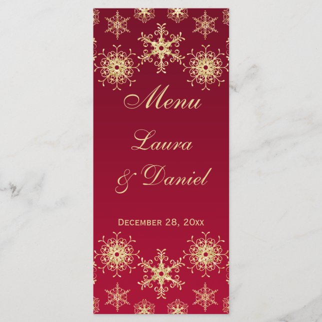 Red, Gold Glitter Snowflakes Wedding Menu Card (Front)