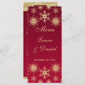Red, Gold Glitter Snowflakes Wedding Menu Card (Front/Back)